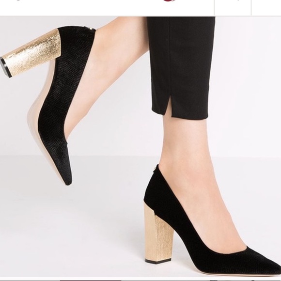 Calvin Klein Neema Blue velvet gold heels 8 - Picture 2 of 6